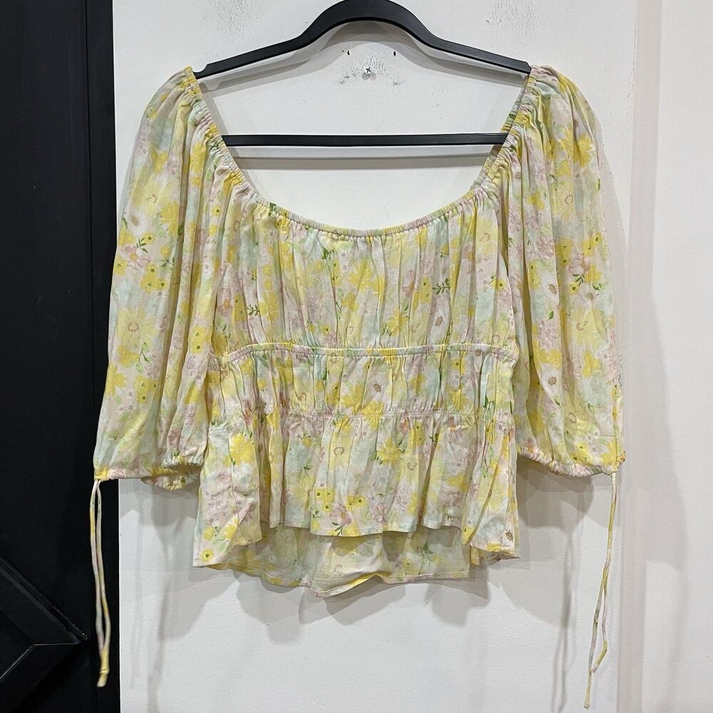 Sophie Rue Yellow Floral Cropped Puff Sleeve Peasant Top Size Medium Cottage - Picture 5 of 5